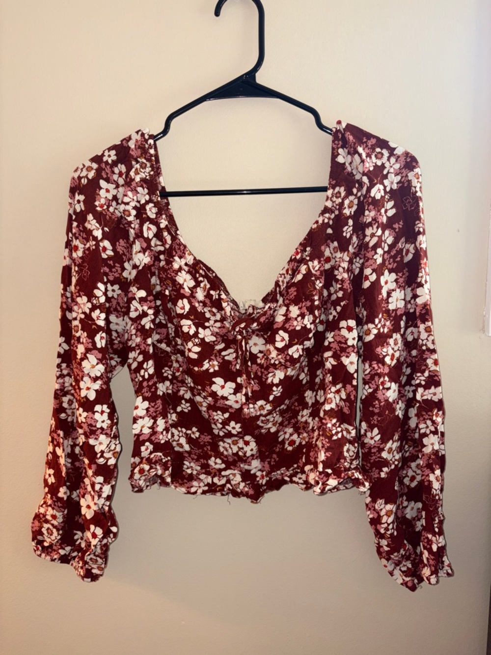 Floral Tie-Front Long Sleeve Top - Burgundy